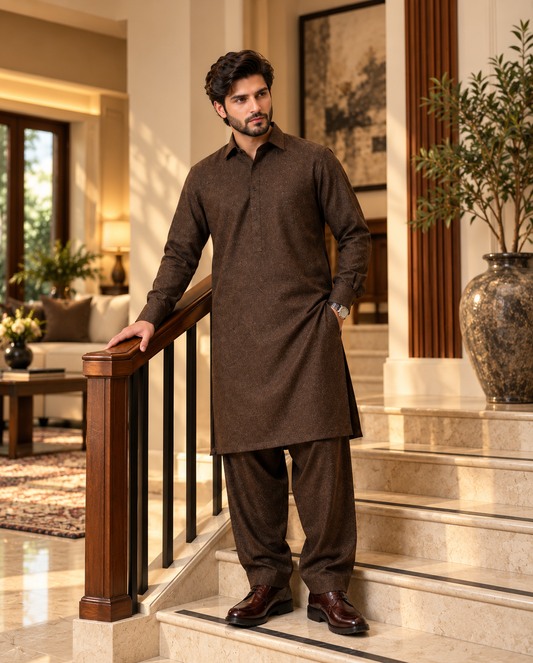 Premium Lawrencepur Pure Wool Unstitched Fabric – Luxury Winter Collection for Men - Chocolate Brown