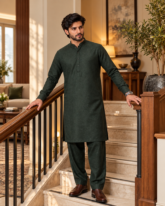 Premium Lawrencepur Pure Wool Unstitched Fabric – Luxury Winter Collection for Men - Dark Green