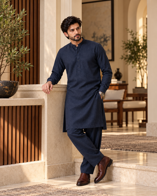 Premium Lawrencepur Pure Wool Unstitched Fabric – Luxury Winter Collection for Men - Navy Blue