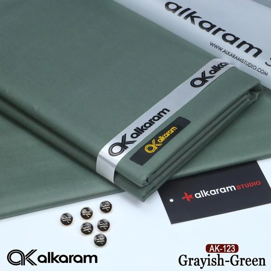Al-karam 100% Pure Cotton- Greyish Green -Unstitched Men's Wear-Allow To Open